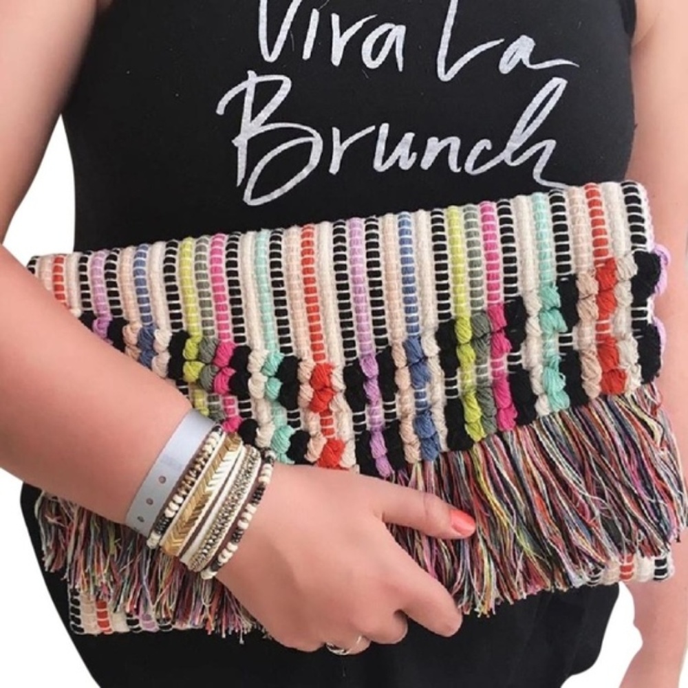 Stella & Dot | Boho Chic Colorful Macramé Rainbow Clutch - Picture 8 of 14